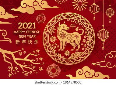 AB 2021. Chinesischer neuer Jahr astrologischer zodiaktischer Maskottbull mit Hörnern, goldene und rote asiatische Blütenzweige, Ferien-Vektorplakat. Feiertag-Neujahr asiatisch, chinesisch Gruß-Illustration