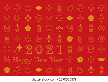 Ox year 2021 with chinese new year elements. Zodiac Sign Bull with red color Background. Vector illustration. Chinese translation: good fortune.