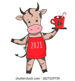 Ox Zodiac Sign of 2021. Vector Cartoon Cute Calf Character. Happy Chinese New Year Holiday with Funny Doodle Bull in apron with hot chocolate or cocoa, marshmallow, christmas candy.