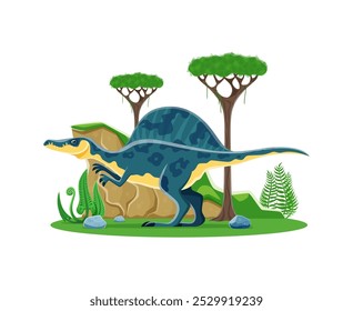 Personaje de dinosaurio prehistórico de dibujos animados de Oxalaia en paisaje natural con rocas, árboles y helechos. Animal de reptil carnívoro antiguo de Vector aislado con cresta en su espalda, vivió en la era del Cretácico Superior