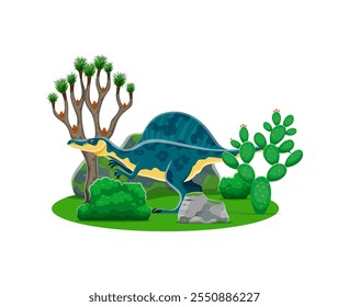 Oxalaia prehistoric dinosaur character in natural landscape with rock, tree and cacti. Isolated cartoon vector ancient carnivore reptile animal with crest on its back, lived in Late cretaceous era