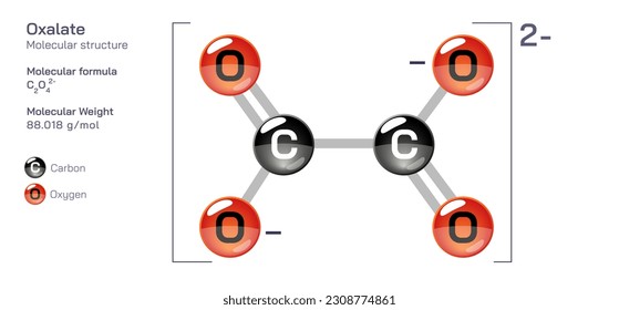 Fórmula de estructura molecular de oxalato. Fórmula molecular estructural periódica Diseño vectorial. Compuestos y composición farmacéuticos. Producto fácilmente imprimible con el color CPK correcto.