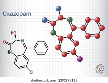 Oxazepam molecule. It is benzodiazepine used to treat panic disorders, severe anxiety, insomnia. Structural chemical formula, molecule model. Sheet of paper in a cage. Vector illustration