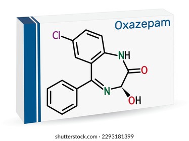 Oxazepam molecule. It is benzodiazepine used to treat panic disorders, severe anxiety, insomnia. Skeletal chemical formula. Paper packaging for drugs. Vector illustration