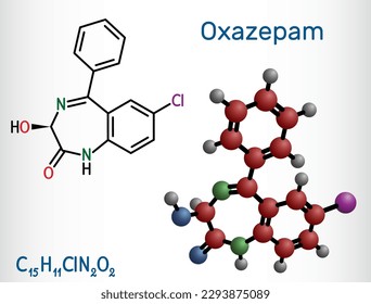 Oxazepam molecule. It is benzodiazepine used to treat panic disorders, severe anxiety, insomnia. Structural chemical formula, molecule model. Vector illustration