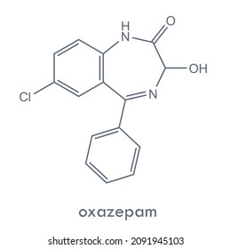 Oxazepam structure. Benzodiazepine drug used to treat anxiety and insomnia. Skeletal formula.