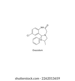 Oxazolam flat skeletal molecular structure Benzodiazepine drug used in insomnia, anxiety, muscle relaxation treatment. Vector illustration.