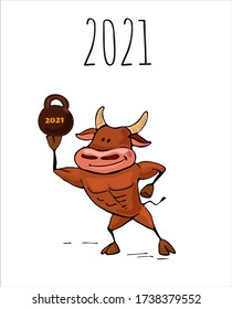 Ox,bull symbol of the 2021 new year, ox, bull bull lifts a weight, sports and fitness fun cartoon vector illustration for a postcard or calendar.