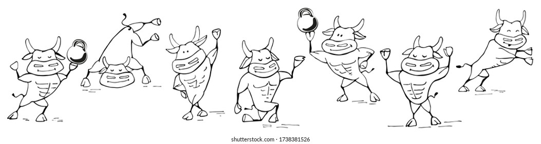 Ox,bull symbol of the 2021 new year, ox, bull sports and fitness fun cartoon vector black outline seamless pattern, for coloring book or calendar.