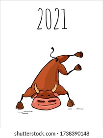 Ox,bull symbol of the 2021 new year, ox, bull do yoga and fitness fun cartoon vector illustration for a postcard or calendar.