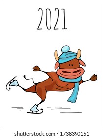 Ox,bull symbol of the 2021 new year, ox, bull sports and fitness fun cartoon vector illustration for a postcard or calendar. A strong bull skates.