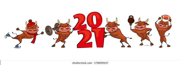 Ox,bull symbol of the 2021 new year, ox, bull sports and fitness fun cartoon seamless pattern vector illustration for a postcard or calendar.