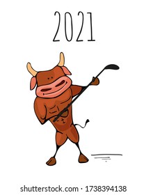 Ox,bull symbol of the 2021 new year, ox, bull sports and fitness fun cartoon vector illustration for a postcard or calendar.