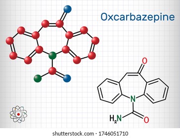 Oxcarbazepine, C15H12N2O2 molecule. It is antiepileptic, anticonvulsant drug used in treatment of seizures, epilepsy, bipolar disorder. Sheet of paper in a cage. Vector illustration

