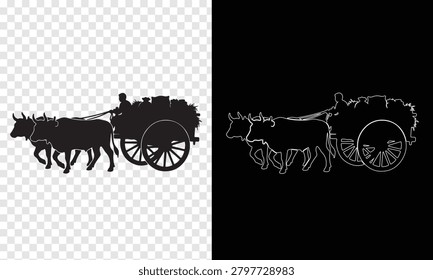 Oxen pull a cart with a person driving and a load of goods