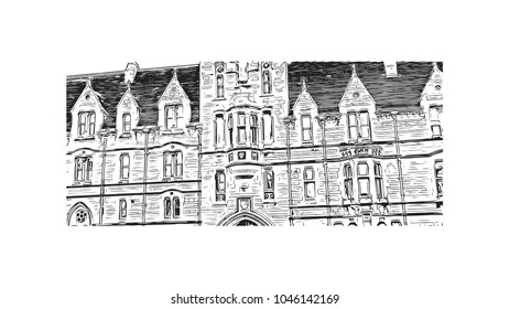 Oxford city in central southern England. Hand drawn sketch illustration in vector.