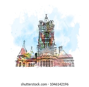 Oxford city in central southern England. Hand drawn sketch illustration in vector.