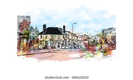 Oxford, a city in central southern England. Watercolor splash with Hand drawn sketch illustration in vector.