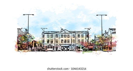 Oxford, a city in central southern England. Watercolor splash with Hand drawn sketch illustration in vector.