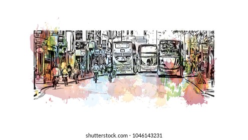 Oxford, a city in central southern England. Watercolor splash with Hand drawn sketch illustration in vector.