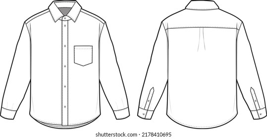 Oxford Collared Button Shirt Long Sleeve Flat Technical Drawing Illustration Blank Streetwear Mock-up Template for Design and Tech Packs CAD