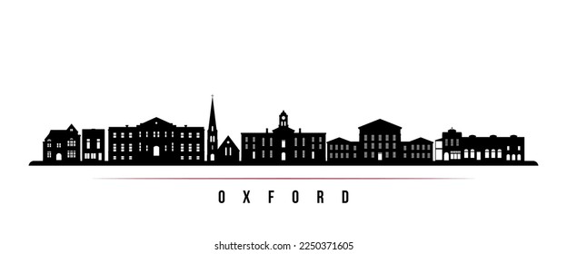 Banner horizontal en horizonte de Oxford, Mississippi. Silueta blanca y negra de Oxford, MS. Plantilla de vectores para su diseño. 