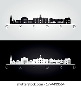 Oxford, Mississippi skyline and landmarks silhouette, black and white design, vector illustration.  