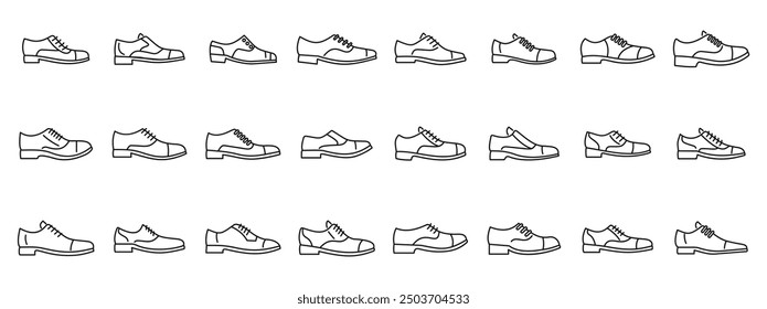 Oxford shoes icons set. Large set of icons representing different styles of classic male shoes