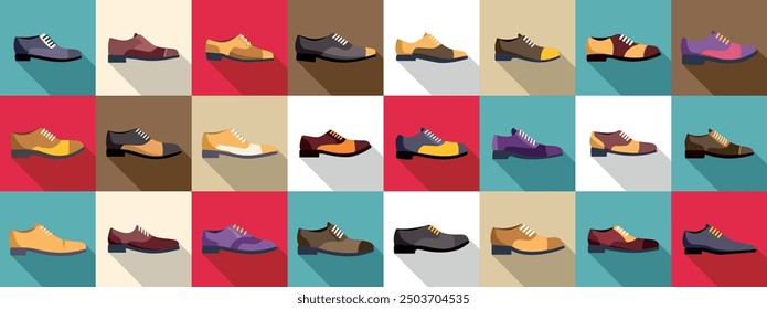 Oxford Schuhe Icons Set. Großes Set von verschiedenen klassischen männlichen Schuhen mit langem Schatten auf buntem Hintergrund