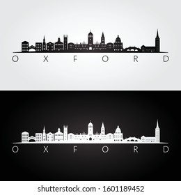 Oxford skyline and landmarks silhouette, black and white design, vector illustration.  