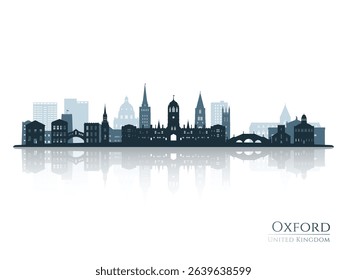 Oxford skyline silhouette with reflection. Landscape Oxford, UK. Vector illustration.