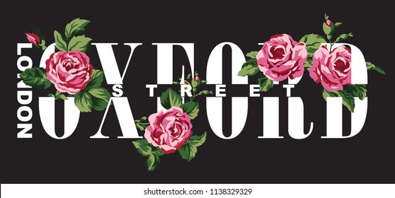 Oxford street London fashion with roses, vintage vector print for girl woman t shirt