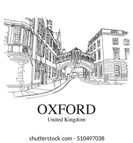 OXFORD, UK: Hertford Bridge, often called "the Bridge of Sighs". Hand drawn sketch