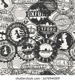 Oxford, UK Stamps Background. A City Stamp Vector Art. Set of Postal Passport Travel. Design Set Pattern.