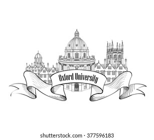 Oxford University label. Oxford city skyline engraved.  Famous english buildings. Travel UK architectural sign