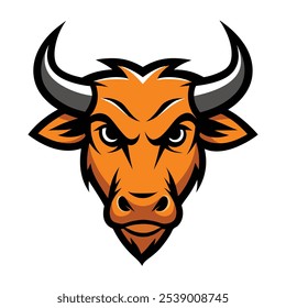 An ox-head mascot logo features a powerful, stylized ox face with prominent horns and bold expression. Designed to convey strength and determination, ideal for sports teams or brands.