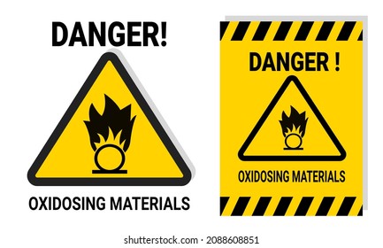 Signo de advertencia de peligro de oxidación para el trabajo o la seguridad de laboratorio con etiqueta adhesiva amarilla imprimible para notificación. ilustración de vector de icono de peligro