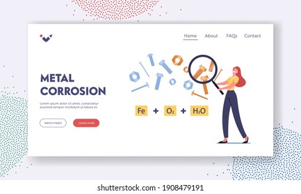 Oxide Rusty Coating Landing Page Template. Tiny Female Character Holding Huge Magnifier Look on Formula of Chemical Reaction of Metal Corrosion with Screws and Nutsю Cartoon People Vector Illustration