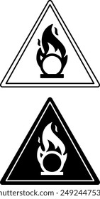 Oxidizer signs. Black and White Vector Icons. Combustible Substances and Chemicals that Oxidize. Danger Warning Sign