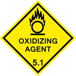 Oxidizing agent caution sign. Dangerous goods placards class 5.1. Black on yellow background.