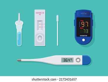 Oximeter Medical thermometer and Rapid antigen test kit set. Covid-19 equipment set. Vector illustration