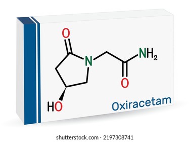 Oxiracetam molecule. It is is a nootropic drug of the racetam family, very mild stimulant. Skeletal chemical formula. Paper packaging for drugs. Vector illustration