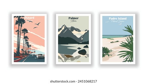 Oxnard, California, Padre Island, National Seashore, Palmer, Alaska - Vintage travel poster. Vector illustration. High quality prints