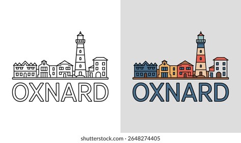 Oxnard skyline with harbor lighthouse and coastal buildings for nautical cityscape art.