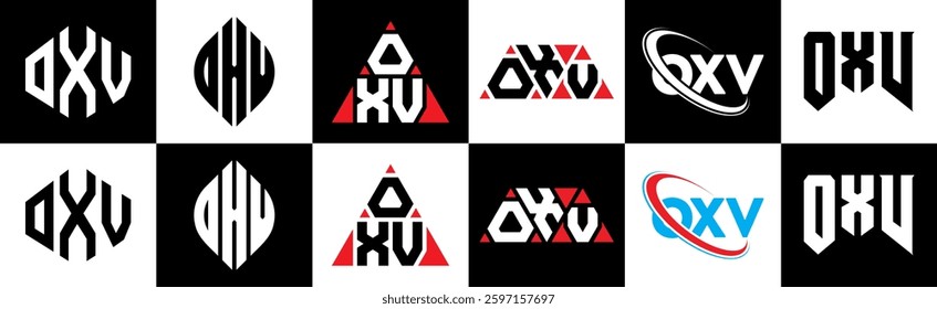 OXV letter logo design in six style. OXV polygon, circle, triangle, hexagon, flat and simple style with black and white color variation letter logo set in one artboard. OXV minimalist and classic logo