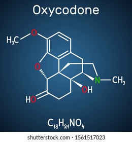 Oxycodone molecule. It is semisynthetic opioid medication used for treatment of pain. Structural chemical formula on the dark blue background. Vector illustration
 
