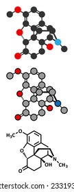 Oxycodone pain relief drug molecule. Conventional skeletal formula and stylized representations. 