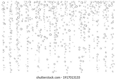 Oxygen air bubbles  flow  in water on white  background. Fizzy sparkles in sea, aquarium. Soda pop. Champagne. Effervescent tablet. Undersea vector texture.