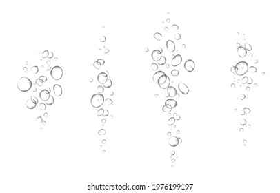 Oxygen air bubbles  flow  in water on white  background. Fizzy sparkles in sea, aquarium. Soda pop. Champagne. Effervescent tablet. Undersea vector texture.