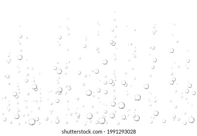 Las burbujas de aire de oxígeno fluyen en el agua sobre fondo blanco. Fizzy brilla en el mar, acuario. Soda pop. Champagne. Comprimido efervescente. Textura vectorial submarina.